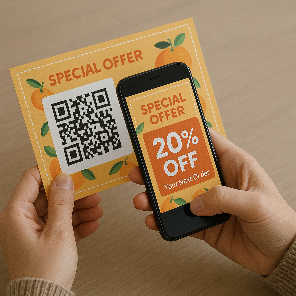 A person scanning a QR code on a special offer card